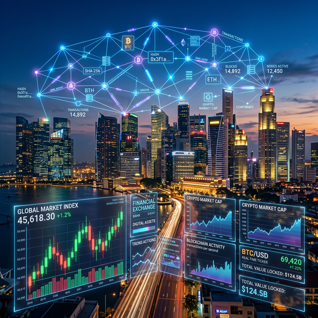 City skyline at dusk with digital cryptocurrency market data and network graphics overlay